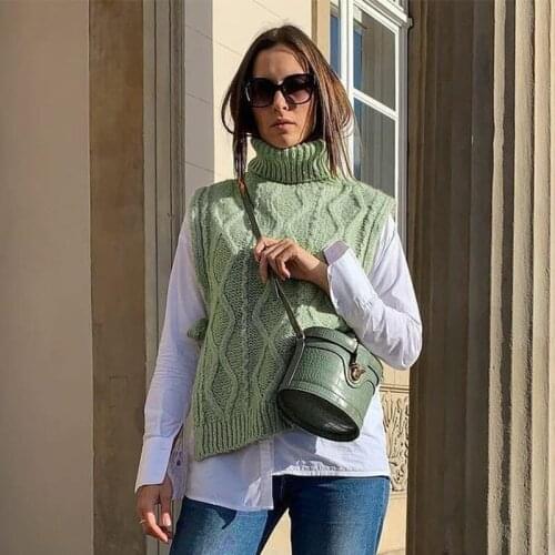 Twist Diamond Sweater Vest Solid Color Cable-Knit High Neck Lace Up Sleeveless Split Female Waistcoat Mujer Vintage Tops Jumper