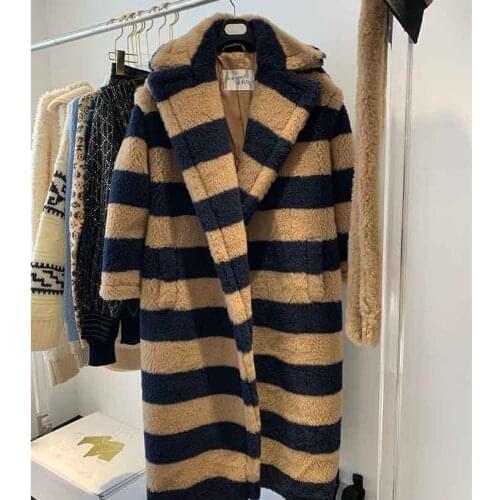 2021 Winter Women Striped Long Coat Real Alpaca Fur Teddy Bear Jacket With Belt Thick Warm Outwear Loose Style
