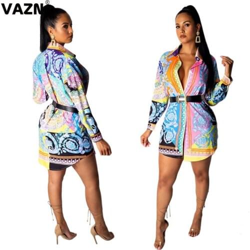 VAZN 2020 Autumn Hot Shirt Dress Sexy Daily Chiffon Vintage Free Daily Designer Full Sleeve Women Nature Straight Mini Dress