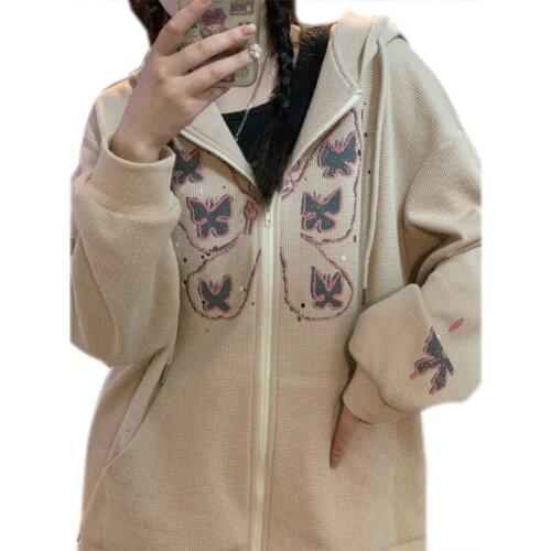 066C Women Long Sleeve Hoodie Jacket Waffle Zip Up Butterfly Loose Sweatshirt Coat