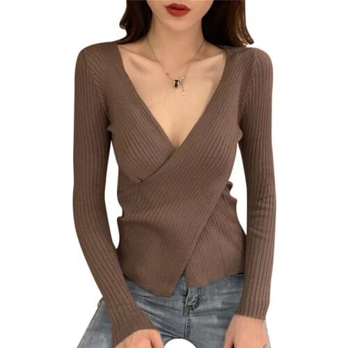 2020 Fashion Sexy Criss-Cross V-Neck Womens Sweaters Autumn Slim Female Jumper Casual Solid Ladies Tops Winter Clothes Women