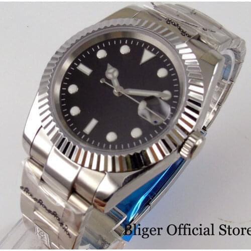 BLIGER Black 24 Jewels NH35A Automatic Men Watch Sapphire Glass Fluted Bezel Screw Crown Luminous Marks Middle Polished Strap