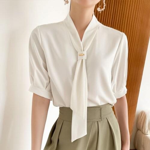 Blusas Mujer De Moda 2021 Summer White Shirt Women Short-sleeved Chiffon Blouses Elegant Fashion Female Blusas Bow Simple 1040
