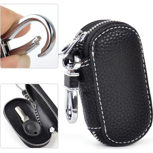 DWCX Car Auto Black PU Leather Smart Remote Zipper Fob Key Holder Bags Cover Chain for VW Audi BMW Peugeot Hyundai Mazda Honda