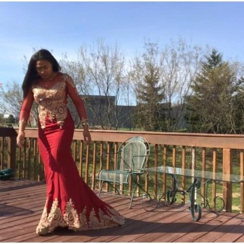 Long Red Mermaid Prom Dresses 2021 Gold Lace Applique long Sleeves Celebrity Party Gown vestidos largos invierno Luxury vestidos