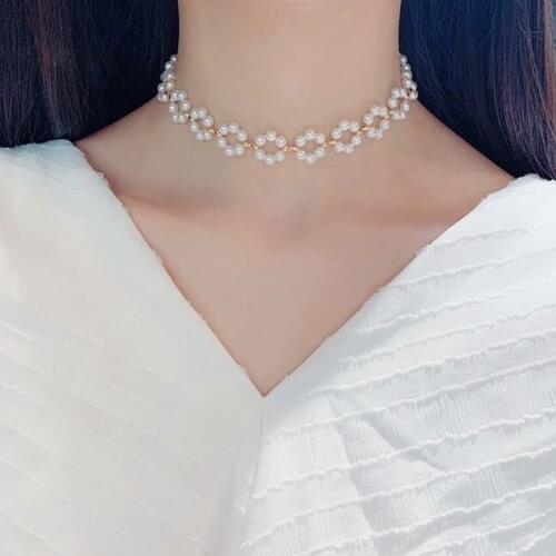 FYJS Unique Light Yellow Gold Color Geometric Imitation Pearl Pendant Choker Necklace for Women Jewelry