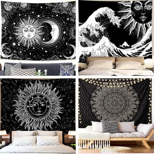 Mandala Tapestry White Black Sun And Moon Trot Wall Hanging Starry Night Sky Kanagawa Surfing Mural Murale Decoracao Quarto