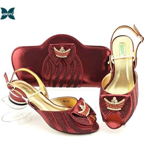 Italian Design Summer Fashion Style Nigerian Women Shoes and Bag Set With Rhinestone Decoration in Wine Color for Party Wedding
