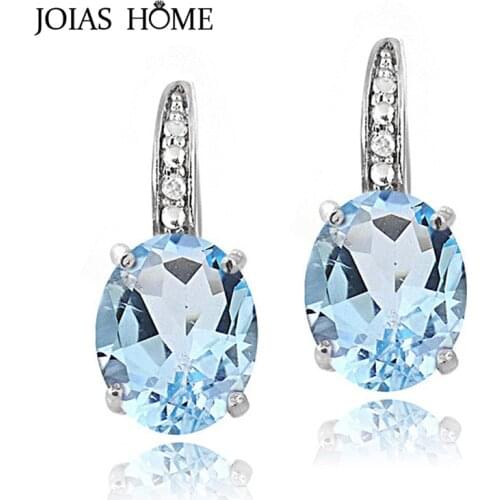 JoiasHome Classic 100% Real Silver Women Earrings With Egg Shape Blue Sapphire Gemstones Elegant Lady Party Wholesale Gift