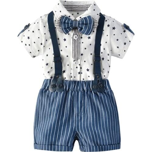 Newborn Baby Boy Romper Bow Tie Outfit Suit Toddler Stars Summer Gentleman Jumpsuit + Suspenders