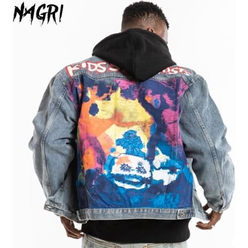 NAGRI Denim Jacket Men Kanye Kids See Ghosts Cowboy Jeans Turn-down Collar Long Sleeve Coat Bombers