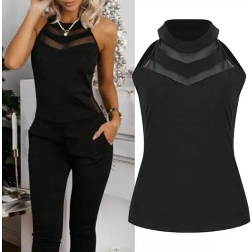 2021 Summer New Fashion Vintage Women Halter See-through Mesh Sleeveless Shirt Tops Ladies Black Sexy Vest Tank Cami O Neck Tops