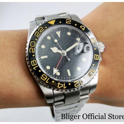 BLIGER New Arrival High Quality Self Winding Men Wristwatch Sapphire Glass GMT Function Black Dial Ceramic Bezel Mental Strap