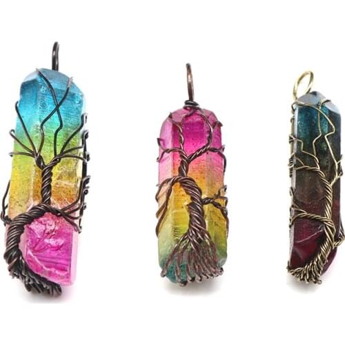 New Tree of Life Charka Healing Rainbow Necklace Natural Stone Pendant Charm Copper Wire Wrapped Long Pendant Wholesale price
