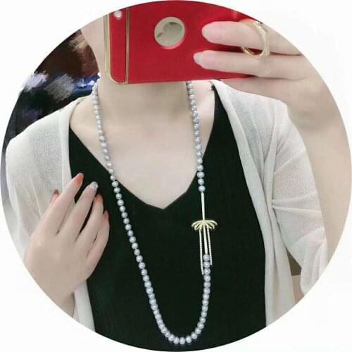 New 8-9mm white gray freshwater pearl micro inlay zircon accessories necklace long 110cm