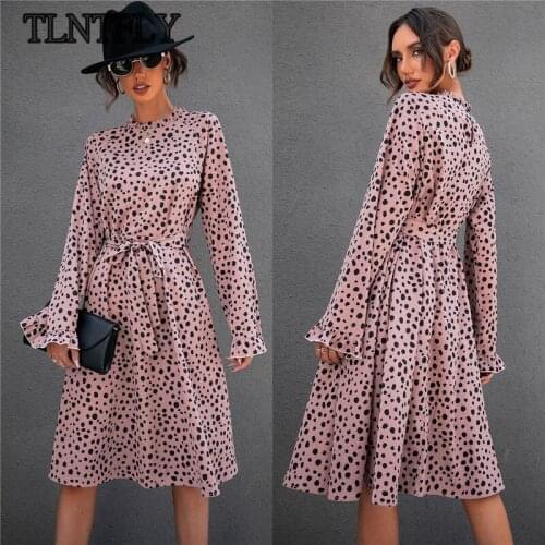 TLNTFLY Sexy Leopard Print Lace-Up Long Sleeve Dress Autumn Womens Pink Party Dresses O-Neck Lotus Leaf Sleeve Mid-Length Style
