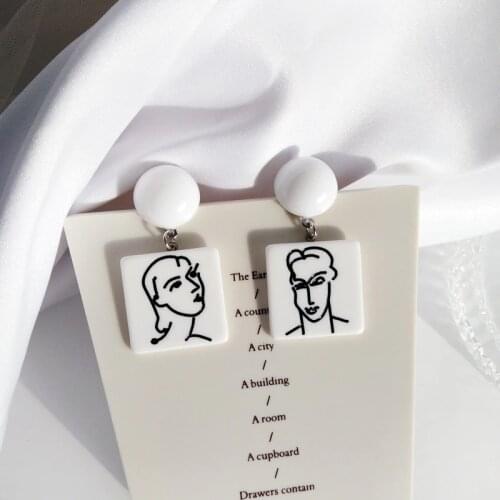 Simple Man Women Sketch Doodle Clip Earrings Statement Geometric Square White Abstract Art Human Face Clip on Earring No Pierced