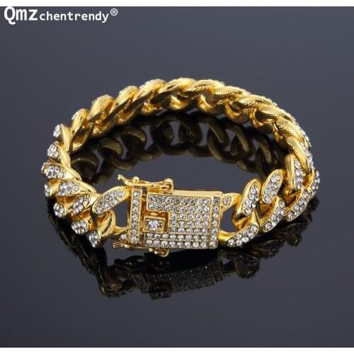 Drop Shipping Women Mens Curb Cuban Chain Bracelets Lab Bling Iced Out Full Rhinestone Clasp Lock Gold Chain Hip hop Bangles