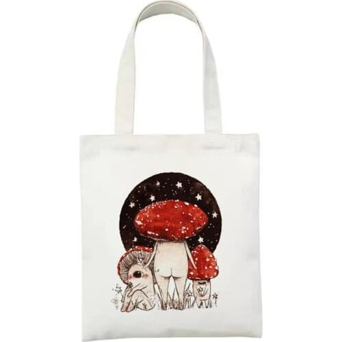 Cute Mushroom Elf Canvas Shoulder Tote Bag Women Shopper Bags Ladies Handbags Eco Reusable Shopping Bag Totes for Big Capacity