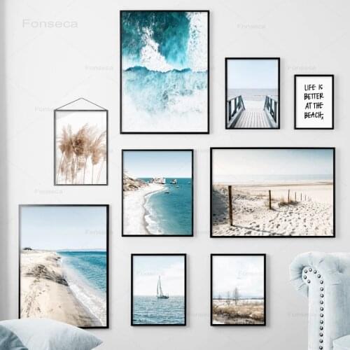 Nordic Seascape Posetr Reed Beach Sailboat Sea Bridge Quote Landscape Art Canvas Painting Wall Pictures for Living Room Decor