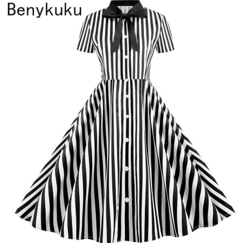 Striped Vintage Summer Dresses 2021 Women Short Sleeve Bow Rockabilly Party Elegant Ladies Office Work Dress Casual Vestidos