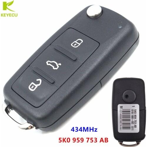 KEYECU Replacement New Flip Remote Key Fob 3 Button 434MHz With ID48 Chip 5K0 959 753 AB for VW Volkswagen