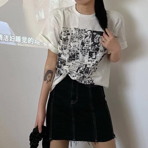 Tops Summer New Style Korean Retro Punk Black and White Print Round Neck Short-sleeved T-shirt Loose Bottoming Shirt Top Women