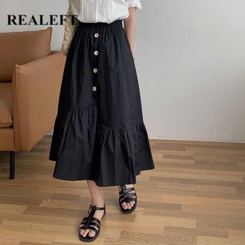 REALEFT 2021 New Summer Cotton Womens Long Skirts Classic Single Breasted Female High Waist Casual Korean Style A-Line Skirts