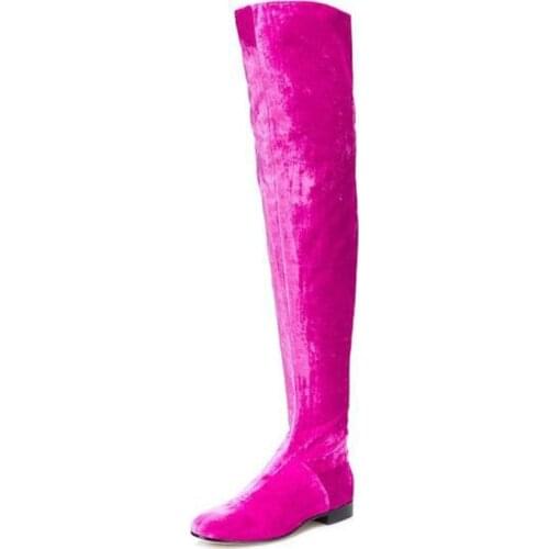 Newest Rose Purple Blue Solid Color Over Knee Velvet Boots Woman Flat Heel Round Toe Thigh Boots Spring Outfit Long Knight Boots