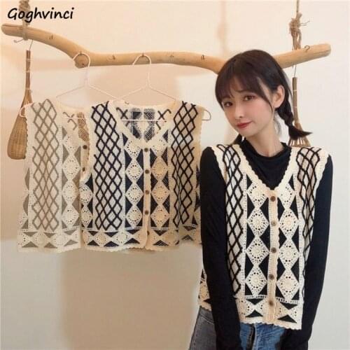 Sleeveless Hollow Out Plaid Sweater Vest Women Vintage V-neck Single Breasted Elegant Friends Knitted Waistcoats Outwear Leisure