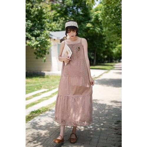 2021 New Summer Women Dress Japan Style Literary Fresh Lace Embroidery Cotton and linen Loose Long Dresses Women