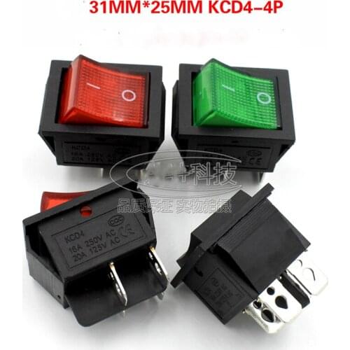 100pcs/lot KCD4-201 4P Boat Switch 4 feet 2 stops with lights red / green 16A 250V 31x25mm