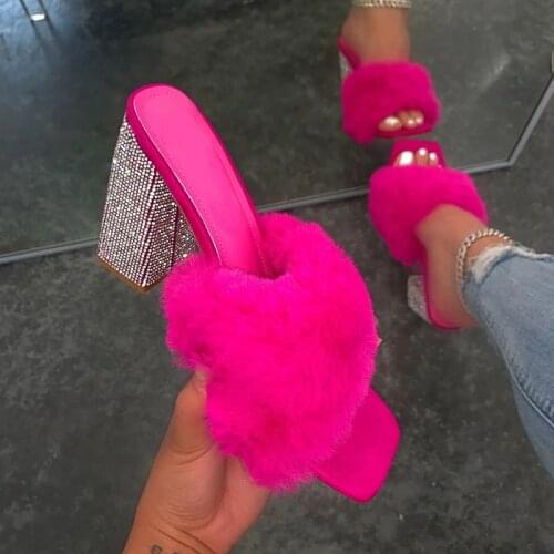 2021 summer women new outdoor banquet fashion slippers high-heeled rhinestone single layer plush plus size all-match sandals