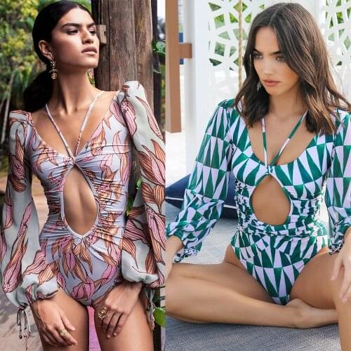 2021 Sexy One Piece Bikini Swimsuit Women Monokini Long Sleeve Printed Swimwear Female Bathing Suit Surfing Bodysuit Wear Beach