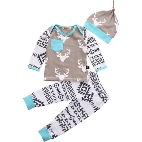 Pudcoco Toddler baby Girl Boy clohtes children nightwear Christmas Deer Tops T-shirt +Pants Hat 3pcs bebe Outfits Set sleepwear