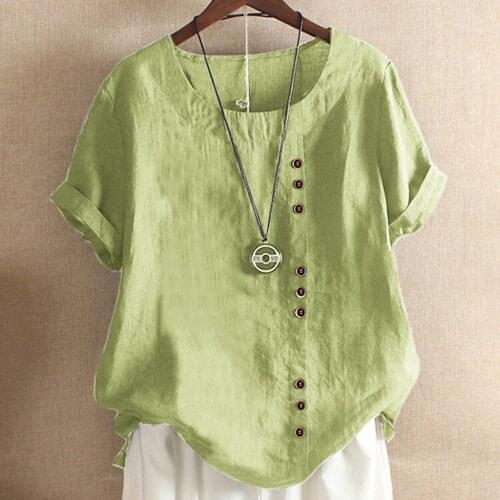 Cotton Linen Blouse Women Plus Size O-Neck Short Sleeve Solid Shirts Buttons Summer Vintage Lady Tops блузка женская A20