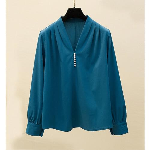 Simple Women Blouses Office Lady Oversize Plus Size Loose Tops Shirt 2021 Autumn Long Sleeve Beaded Fashion Casual Clothes Women