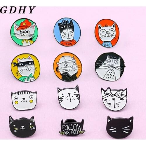 GDHY Cats Series Enamel Pins FOLLOW MY FEET black white colour Cat Thief police Cat Badge Kitten Brooches Lapel Animal Jewelry