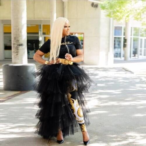 Elegant Black Hi Low Long Skirt Chic Tiered Tutu Ruffle Floor Length Women Maxi Skirts Custom Free Shipping