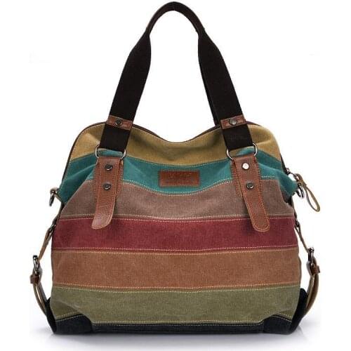 Canvas Totes Striped Womens Handbag 2020 Patchwork Rainbow Shoulder Bag Fashion Female Casual Crossbody Bag