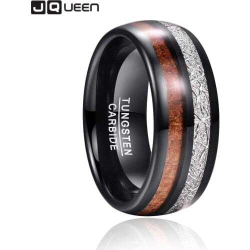 JQUEEN 8mm Inlaid Wood Grain Meteorite Electric Wolfram Steel Ring Men Jewelry Wedding Bands