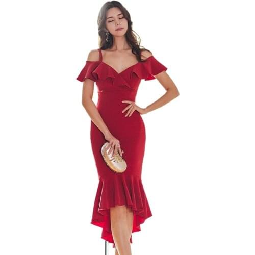 Red Dress with shoulder-straps v-neck off-the-shoulder xia han edition decorate female height show thin waist pendulum fishtail