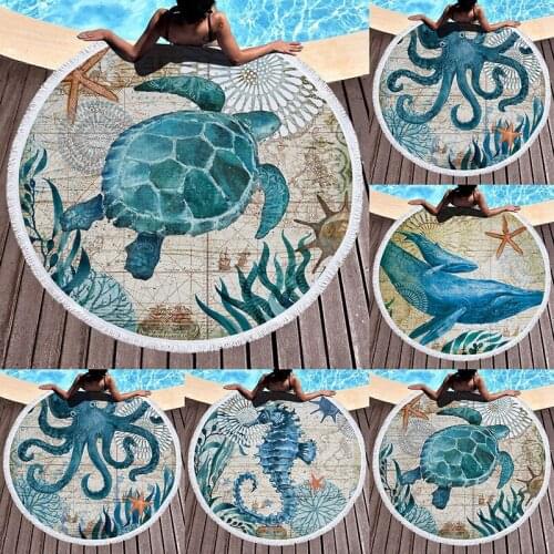 Sea Turtle Round Beach Towel Undersea World Thick Shower Bath Towels Microfiber Summer Swim Circle Yoga Mat 150cm With Tassels