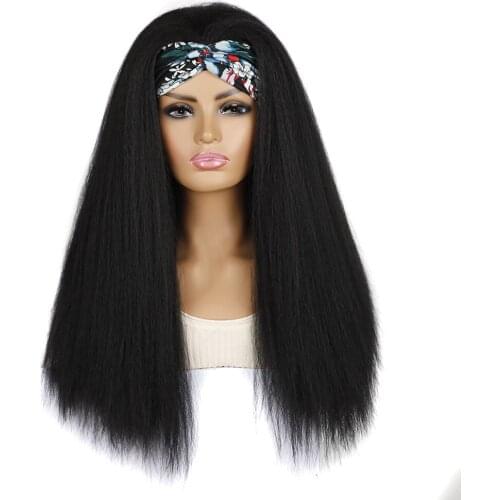 Kinky Straight Full Machince Made 24 Inch Longer Heat Resistant Fiber Head Bands Synthetic Hair Wigs For Black Women
