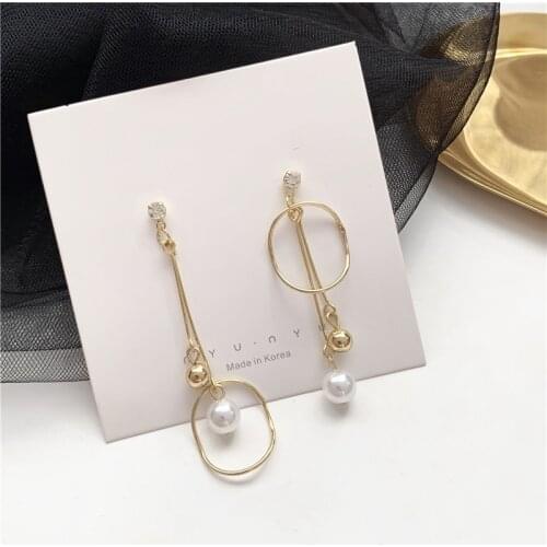 Fashion Simple Metal Hoop Rhinestone Bead Tassel Asymmetrical Drop Earrings Korean Waterdrop Pendent Earrings for Women Girls