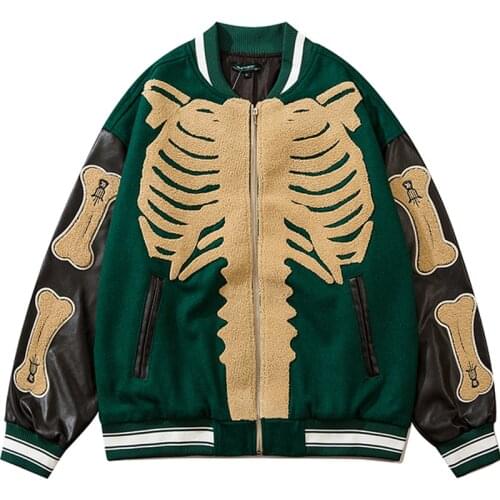 Men Furry Bone Baseball Jackets Patchwork Color Block PU Leather Stitching Couple College Bomber Jacket Men Harajuku Bomber Coat