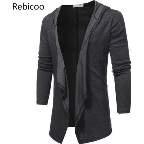 Spring Autumn New Fashion V Neck Shawl Collar Long Hoodie Cardigan Jacket Men Hooded Cloak Black Casual Male Gothic Coat