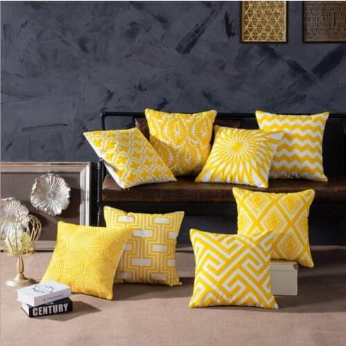 LOISHOM Home Decor Embroidered Cushion Cover Yellow Geometric Canvas Cotton Square Embroidery Pillow Cover 45x45cm Pillow Sham