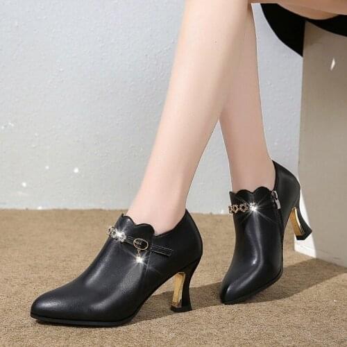 Female Spring New PU Leather Mom Shoes Pumps Pointed Toe Thick Lady High Heel Solid Elegant Office Fashion Shoes Concise U18-99