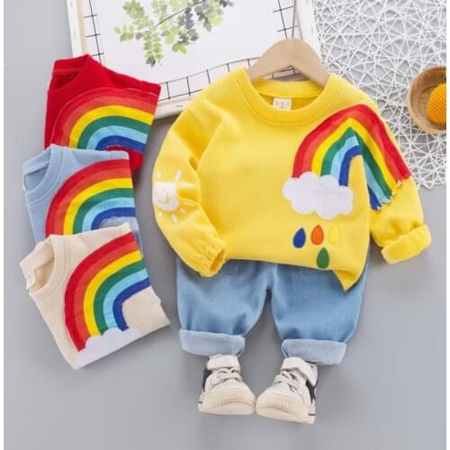 2020New Spring Autumn Baby Girl Sets Children Boys Cotton T-shirt Pants 2Pcs Infant Outfit Rainbow Toddler Casual Tracksuits0-4Y